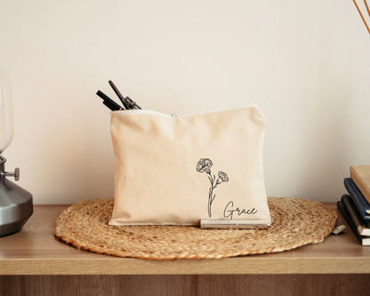 Makeup Bag - Carnation January Minimalistic Birth Flower