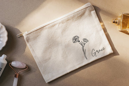 Makeup Bag - Carnation January Minimalistic Birth Flower
