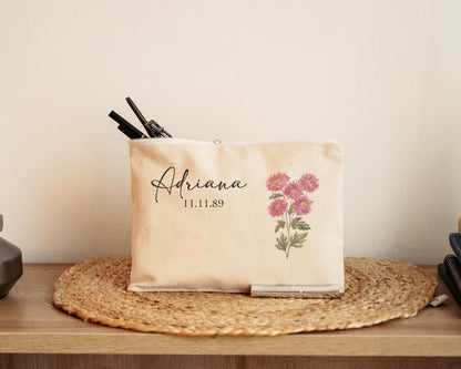 Makeup Bag - Poppy August Birth flower with Birthdate