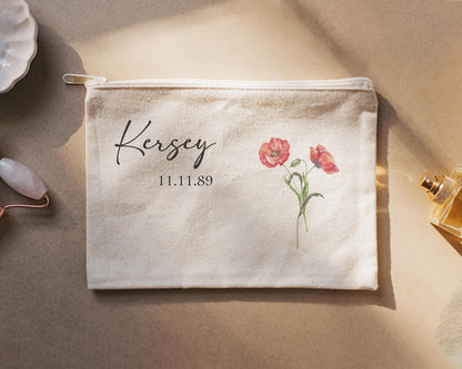 Makeup Bag - Poppy August Birth flower with Birthdate