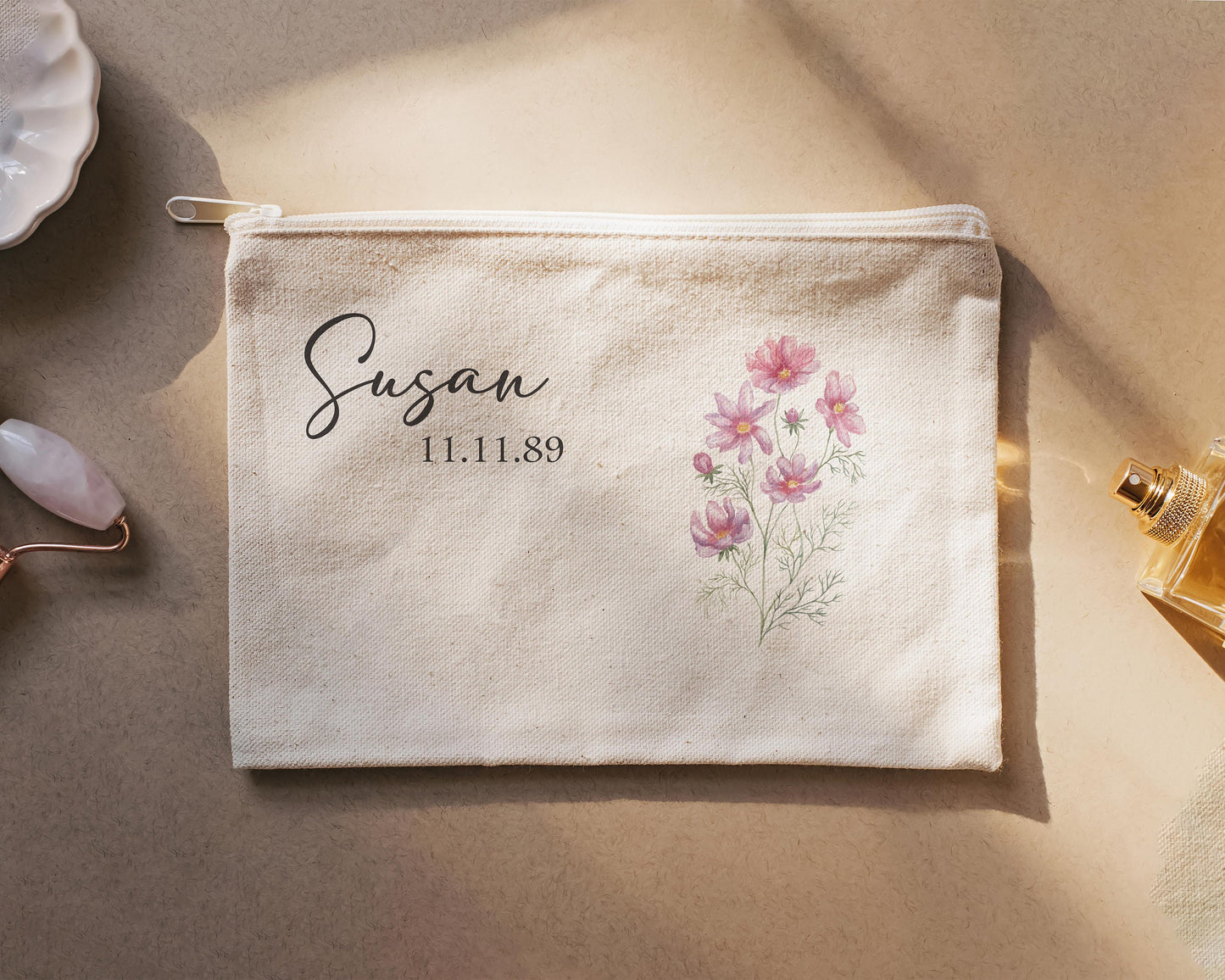 Makeup Bag - Poppy August Birth flower with Birthdate