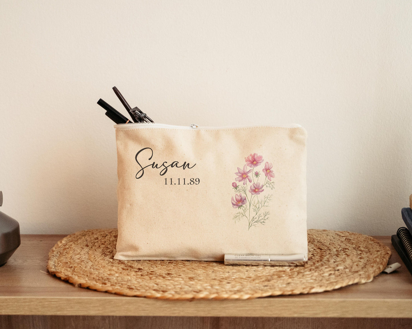 Makeup Bag - Poppy August Birth flower with Birthdate