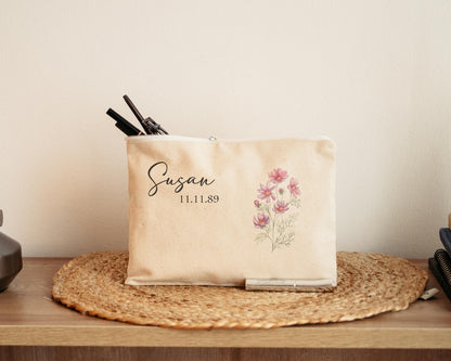 Makeup Bag - Poppy August Birth flower with Birthdate