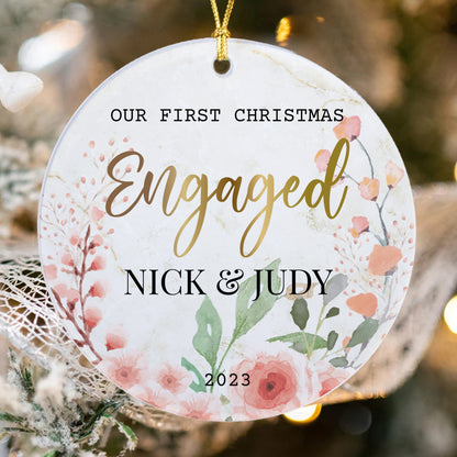 Ornament - Our First Christmas Engaged with Pink Flowers