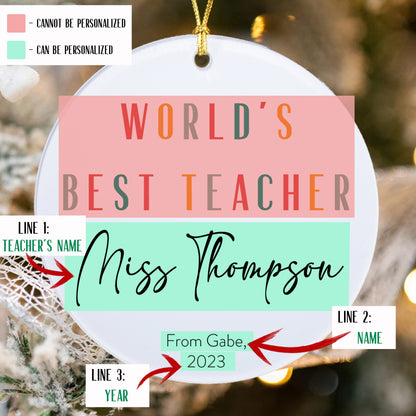 World Best Teacher Christmas Ornament,Personalized Teacher Ornament,Personalized Teacher Gift Ornament Keepsake,Teacher Christmas Ornament