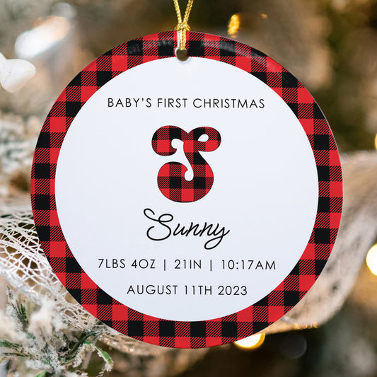 Red Gingham Initials Newborn baby Birth stat ornaments, Personalized Baby's 1st Christmas Ornament, New Baby Ornament, Baby Announcement