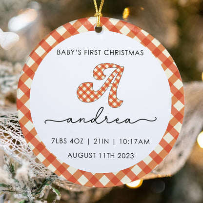 Gingham Initials Newborn baby Birth stat ornaments Fall Birthday,Personalized Baby's 1st Christmas Ornament,New Mom Gift,New Baby Ornament